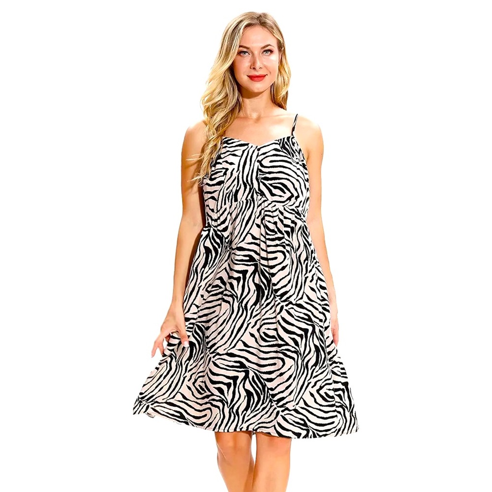 New Zebra Print Spaghetti Strap Dress Midi Size S…